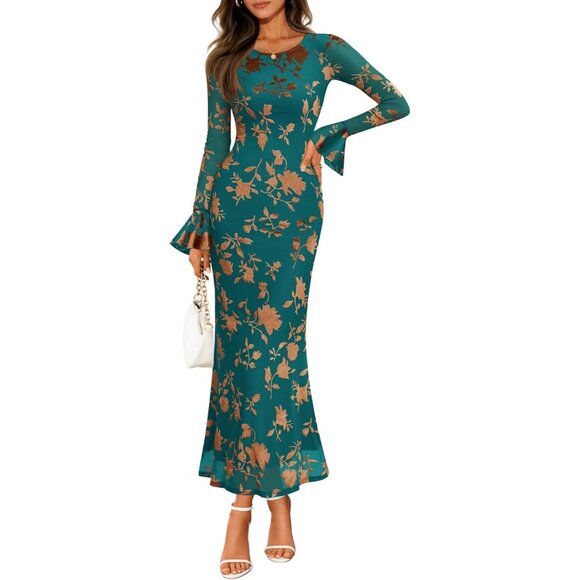 Women's DarkGreen Maxi Long Sleeve Floral Cocktail Wedding Guest Polyester  Blend - coffeafoods.com